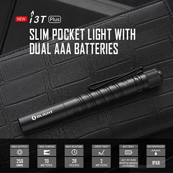 Olight I3T Plus 250 Lumens EDC Pocket Slim Flashlight with 2xAAA Batteries and a PMMA Optic Lens 3 Olight I3T Plus 250 Lumens EDC Pocket Slim Flashlight with 2xAAA Batteries and a PMMA Optic Lens